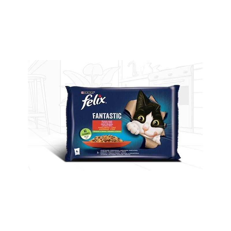 Felix Fantastic Wiejskie Smaki Kurczak Z Pomidorami I Wołowina Z Marchewką, Saszetki Dla Kota W Galarecie (4X85G)