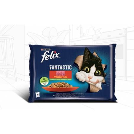 Felix Fantastic Wiejskie Smaki Kurczak Z Pomidorami I Wołowina Z Marchewką, Saszetki Dla Kota W Galarecie (4X85G)