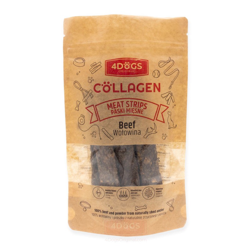 4Dogs Collagen Paski Mięsne Z Wołowiną Z Proszkiem Z Poroża 100G